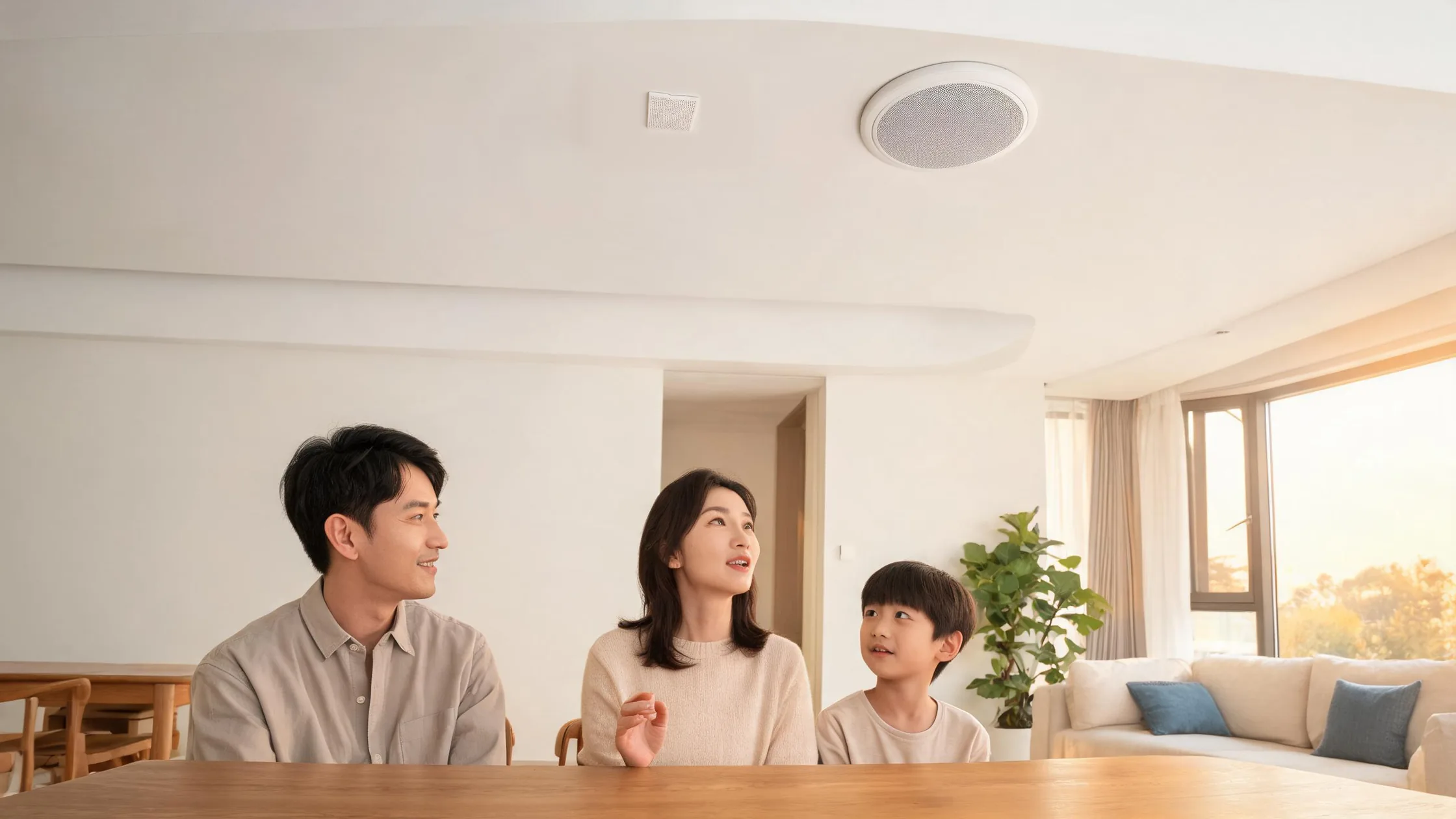 一家三口围坐在餐桌旁，妈妈抬头向阿禾说话。天花板上安装着小巧的吸顶麦克风和圆形吸顶扬声器，负责收音与回应。